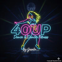 Kleurrijk neonlogo van dans- en fitnessstudio.